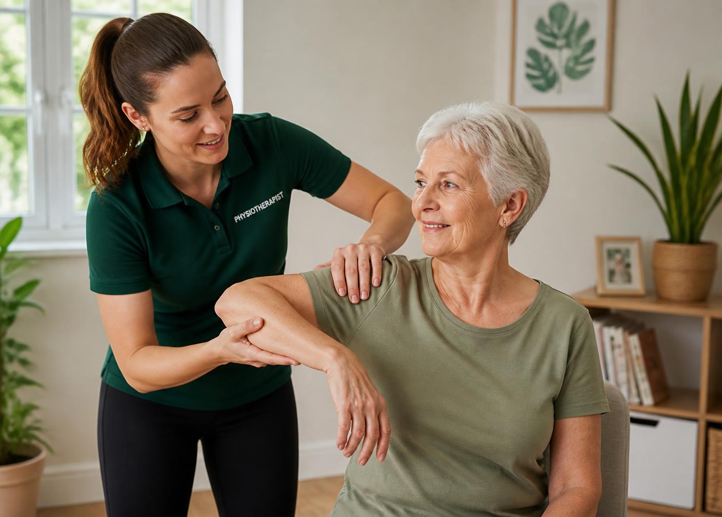 Physiotherapist assisting an elderly patient with shoulder mobility at home