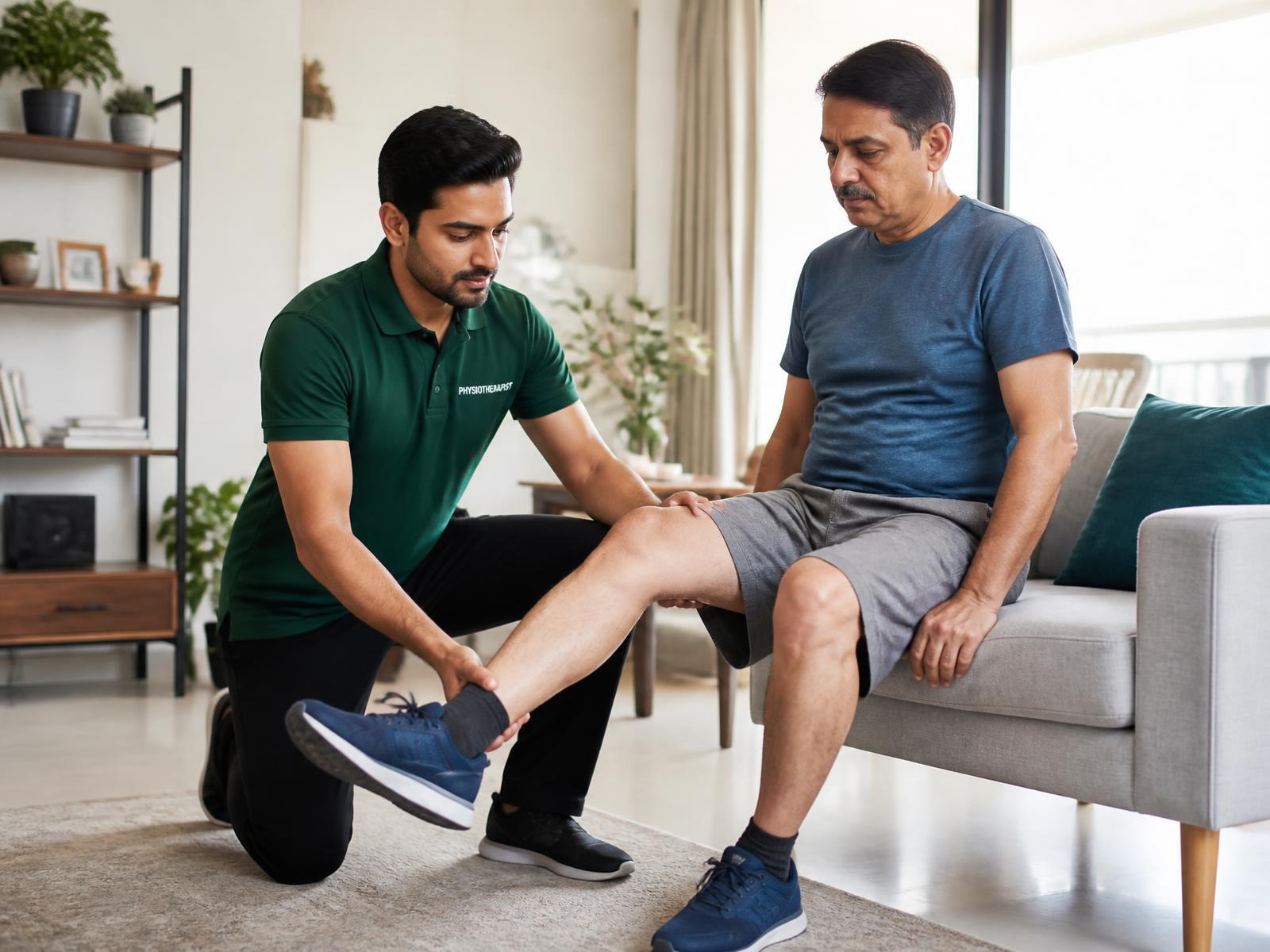 Physiotherapist guiding a patient through a knee exercise at home